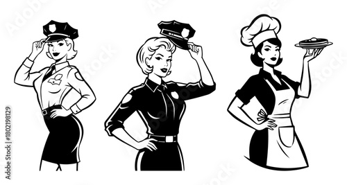 retro pinup girls in uniform police and chef set engraving vector black shape sketch