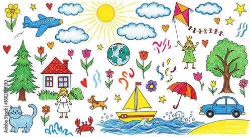 Childlike Drawing Summer Fun Elements for Kids Education Vacation Travel Web Design Projects