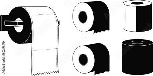 Vector illustration of toilet paper rolls and holder, hygiene bath tissue set, bathroom accessory, black white silhouette outline toilet tissue, simple clean design icon, flat graphic art style