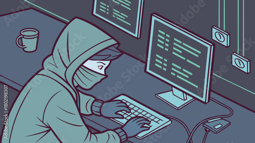 Illustration of a person in a hoodie and mask typing on a keyboard in front of computer screens