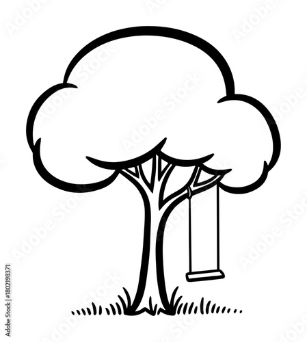 tree with a swing cartoon childhood scene engraving vector black shape sketch