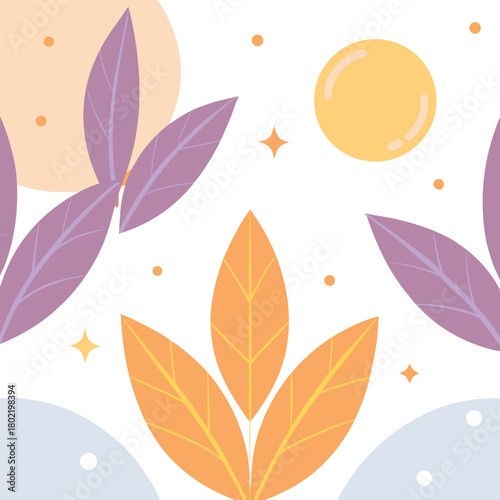 Dreamlike sunset grove pattern with radiant leaves