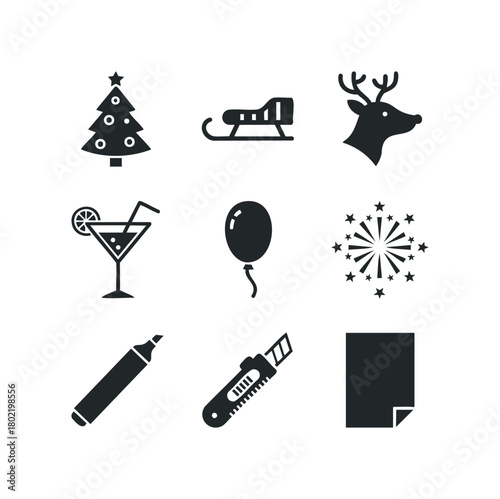 Holiday and celebration icons including tree, sleigh, reindeer, drink, balloon, fireworks