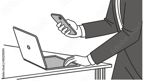 Illustration of a person in a suit using a laptop and holding a smartphone in their other hand at desk