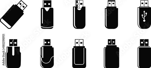Vector illustration of USB flash drive icons, black storage device set, modern memory stick, computer technology accessory, portable data USB stick, plug design elements, silhouette flat vector art