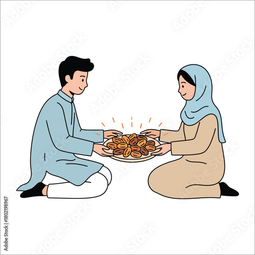 Muslim couple sharing dates on a plate on white background vector illustration