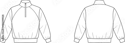 Unisex pullover sweatshirt fashion flat sketch, half zip front design with raglan sleeves, elastic hem and cuffs, technical clothing vector illustration