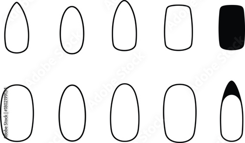 Vector illustration of various nail shapes, oval square almond stiletto coffin outline, manicure guide, black silhouette icon set, beauty salon art design, simple stylish flat graphic template