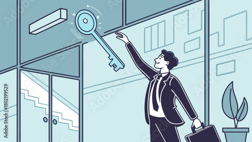 Man reaching for a large key floating near a glass building entrance with stairs visible inside it