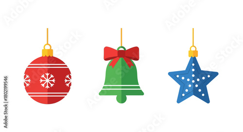 Festive hanging holiday ornaments: bell, star, and snowflake bauble in flat design