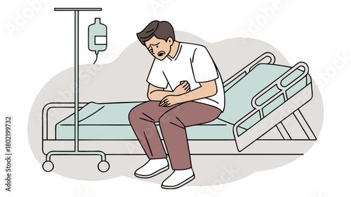 Man sitting on hospital bed with abdominal pain and iv drip stand near him in a medical setting scene