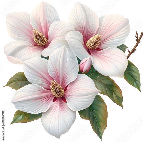 Three delicate white and pink blooming flowers with surrounding green leaves against a plain white background