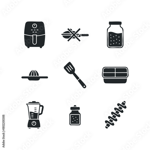 Collection of nine kitchen appliance and utensil icons