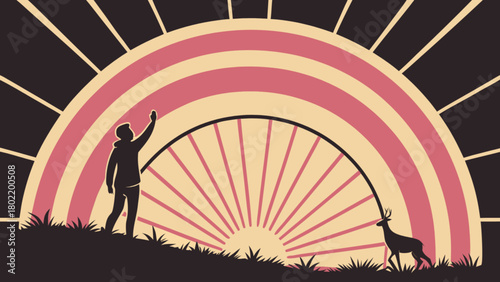 Silhouette of a person reaching towards a rainbow with a deer in a vintage style landscape