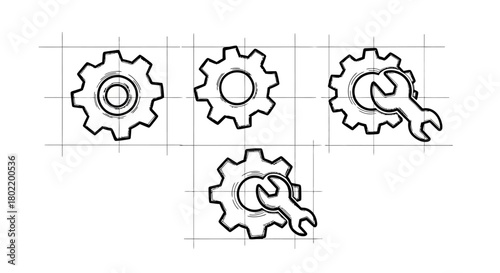 Technical gear sketch with wrench icons on a grid background