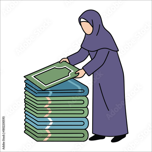 Woman in hijab stacking folded prayer mats neatly vector illustration