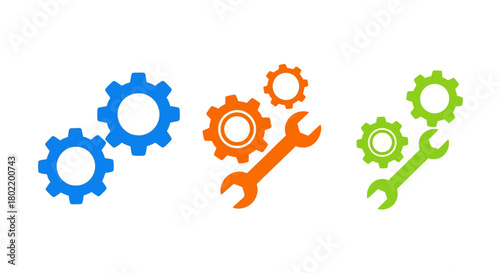 Colorful gear and wrench icons for mechanical and technical concepts