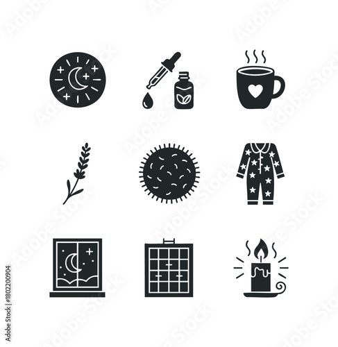 Restful night time objects icons set
