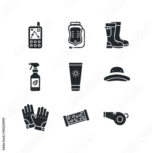 Outdoor gear collection icons for hiking and travel