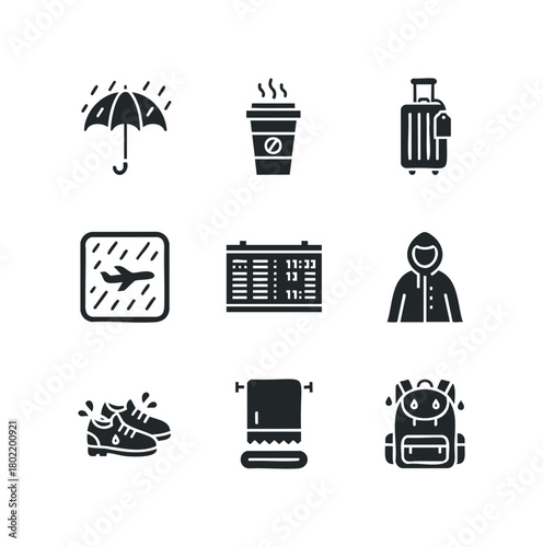 Collection of travel related icons for stormy weather journey