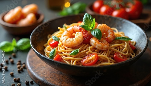 Shrimp pasta dish served in a dark bowl with cherry tomatoes and fresh basil garnish. Ingredients mixed with noodles and sauce. Delicious seafood meal presented beautifully. © miss irine