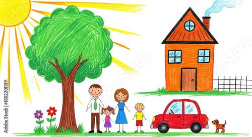 Happy Family Portrait Outside Home with Tree Car and Dog Illustration for Real Estate