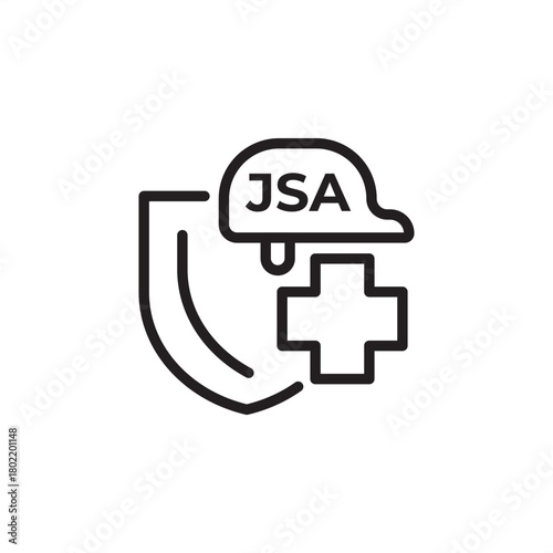 Job Safety Analysis (JSA) icon symbolizing risk assessment and preventative measures. Features a shield, hard hat, and cross for workplace safety, health, and hazard control in industrial environments