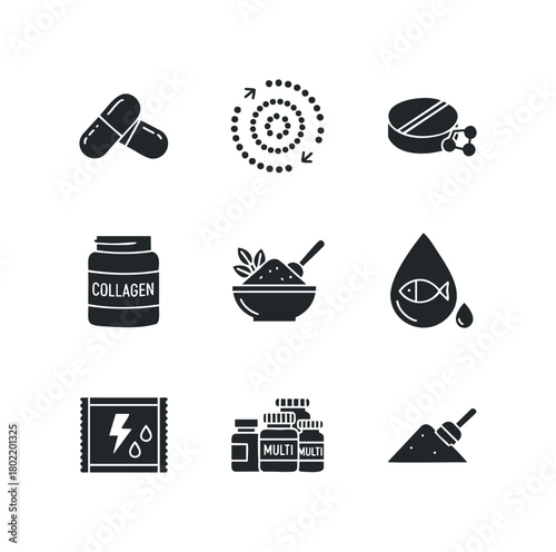 Collagen powder, capsules, and supplements icon set