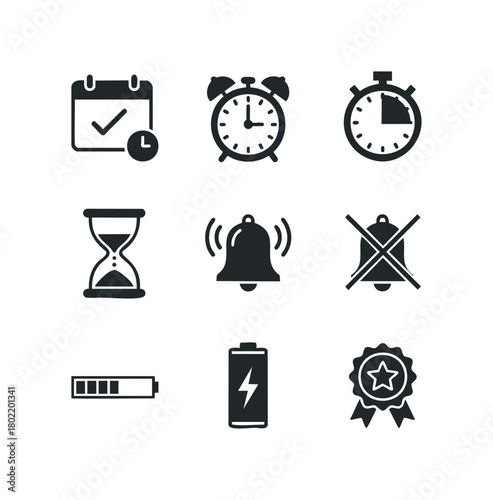 Set of nine icons representing time management and status indicators