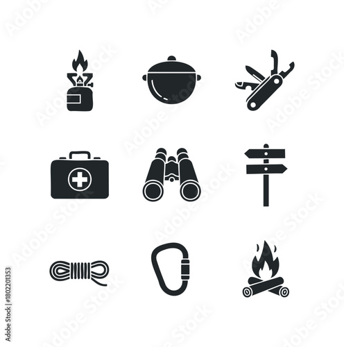 Outdoor adventure gear icons set with campfire and first aid