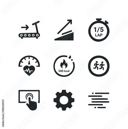 Fitness tracker icons for treadmill, heart rate, and calorie burning