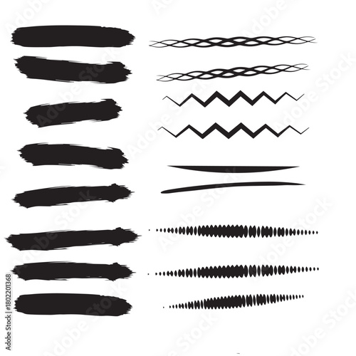 Collection of black brush stroke and graphic line elements Keywords: brush stroke, ink, paint