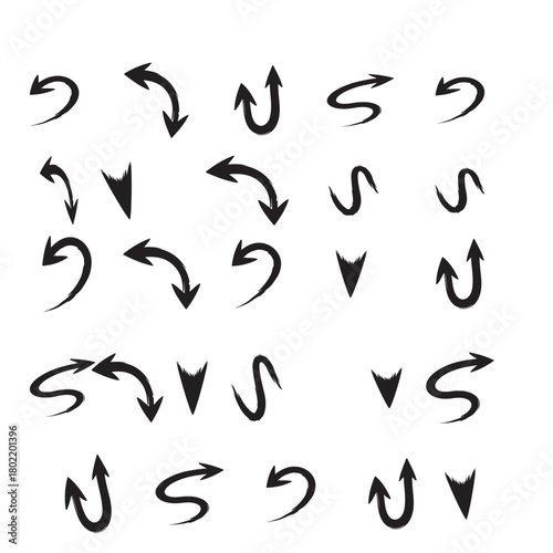 Assortment of black hand drawn arrow shapes Keywords: arrow, hand drawn, brush stroke, ink