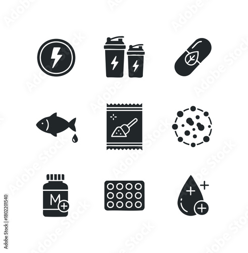 Health and nutrition icons featuring energy, supplements, and essential nutrients