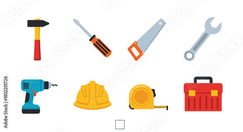 Colorful tool set featuring hand and power tools for construction and diy projects