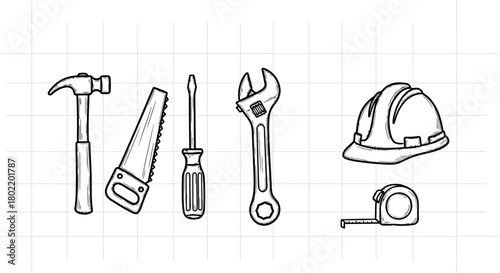 Hand-drawn construction tools: hammer, saw, screwdriver, wrench, helmet, tape measure