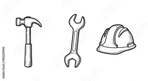 Black and white line art tools: hammer, wrench, and hard hat
