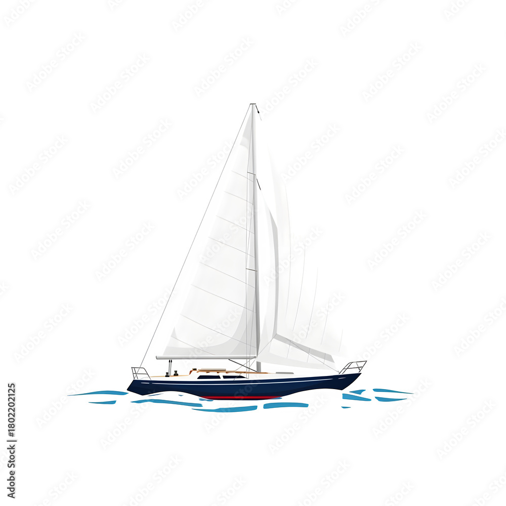 Fototapeta premium Sailboat sailing on blue water with white sail isolated on transparent background