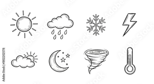 Hand drawn weather icons: sun, cloud, snowflake, lightning, and more