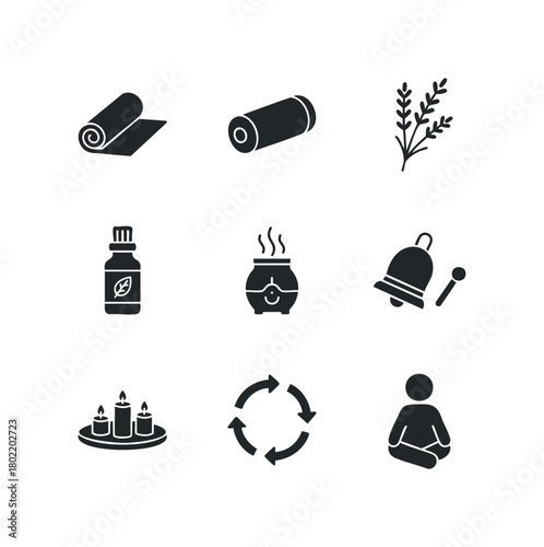 Wellness icons including yoga mat, diffuser, and meditation figure