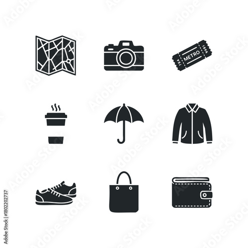 Collection of travel and everyday essentials icons