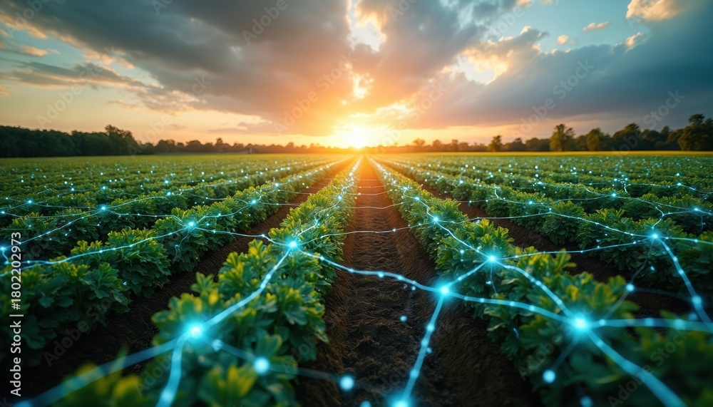 Obraz premium Green farm field with glowing blue digital grid overlay at sunset. Rows of crops grow under a dramatic sky. Futuristic agriculture uses smart tech for monitoring and data analysis.