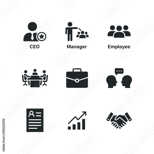 Business icons depicting leadership, teamwork, and success