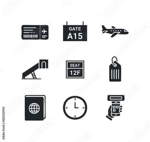 Travel icons: airplane, boarding pass, gate, passport, clock, tag