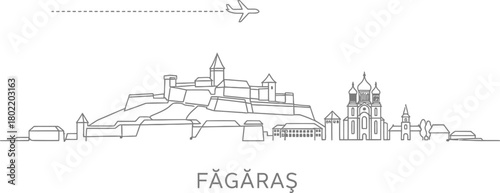 Făgăraș Romania Skyline Silhouette with Airplane