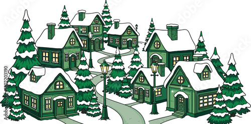 Charming winter village scene with snow-covered houses and trees for festive designs professional vector flat illustration style