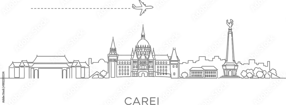 Fototapeta premium Line Art Cityscape Skyline with Airplane and Name CAREI