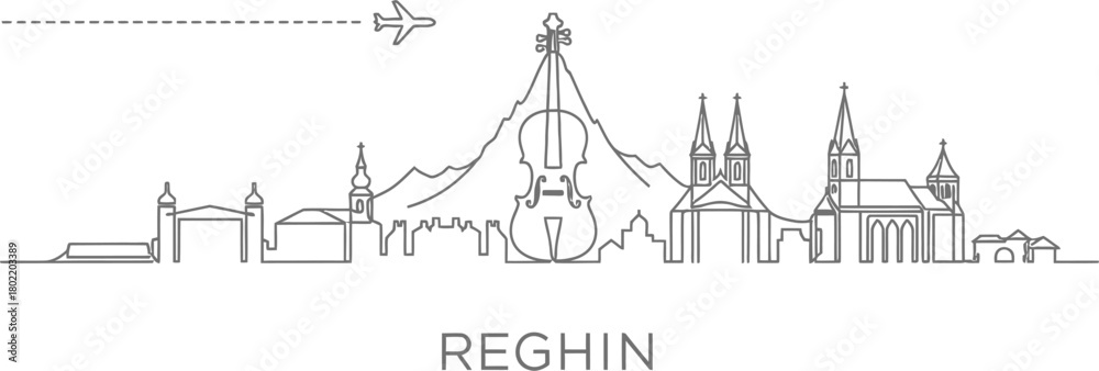Fototapeta premium Reghin City Skyline with Violin and Airplane