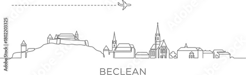 Airplane flying over abstract skyline with castle and church