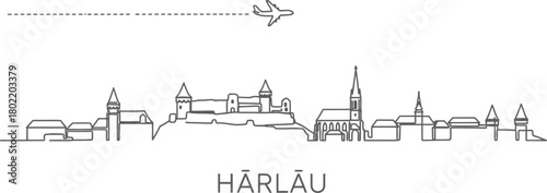 Harlau skyline with airplane and castle outline